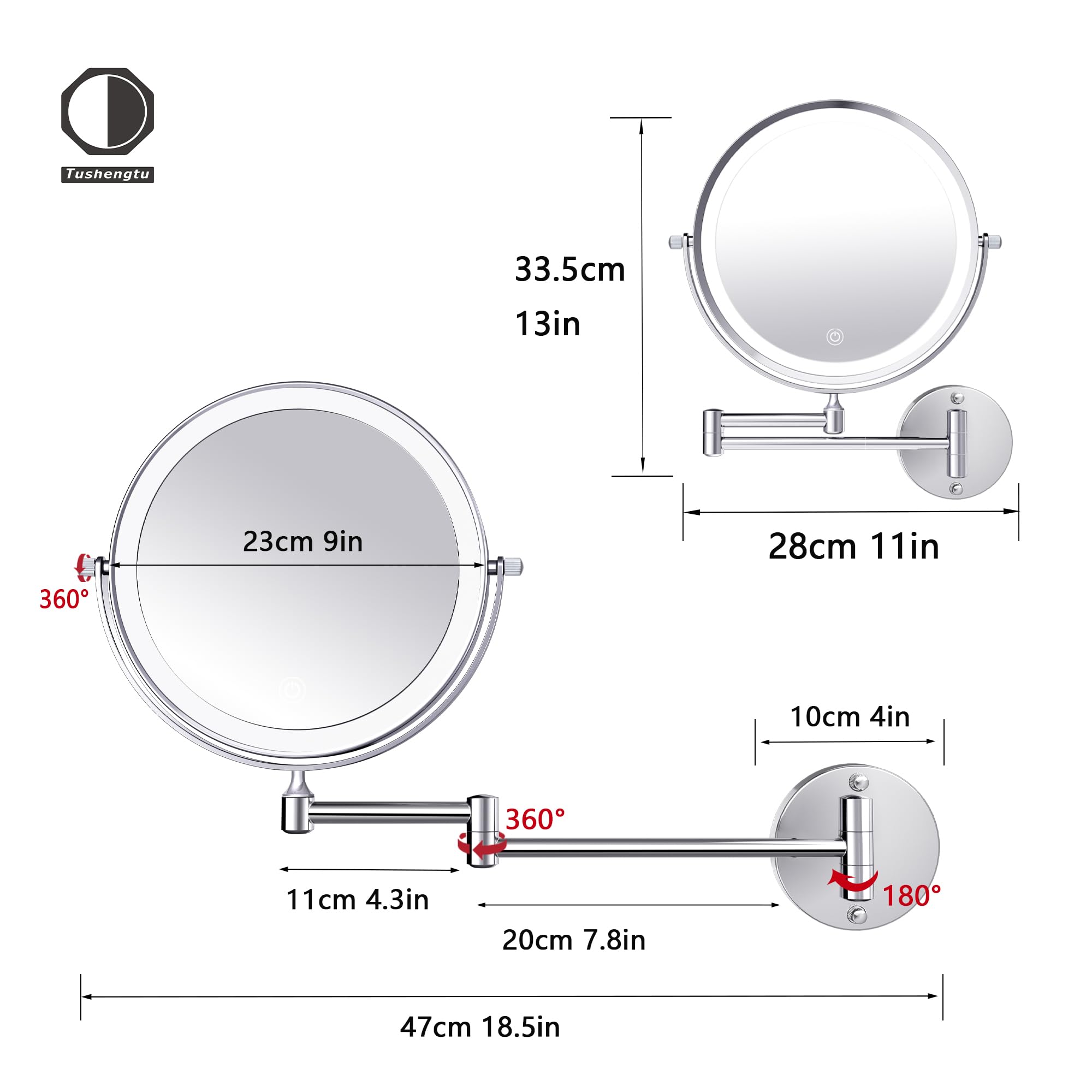 9 Inch Large Rechargeable Lighted Makeup Vanity Mirror Wall Mounted, 1X/10X Magnifying Mirror With Light For Bathroom 3000Mah Us