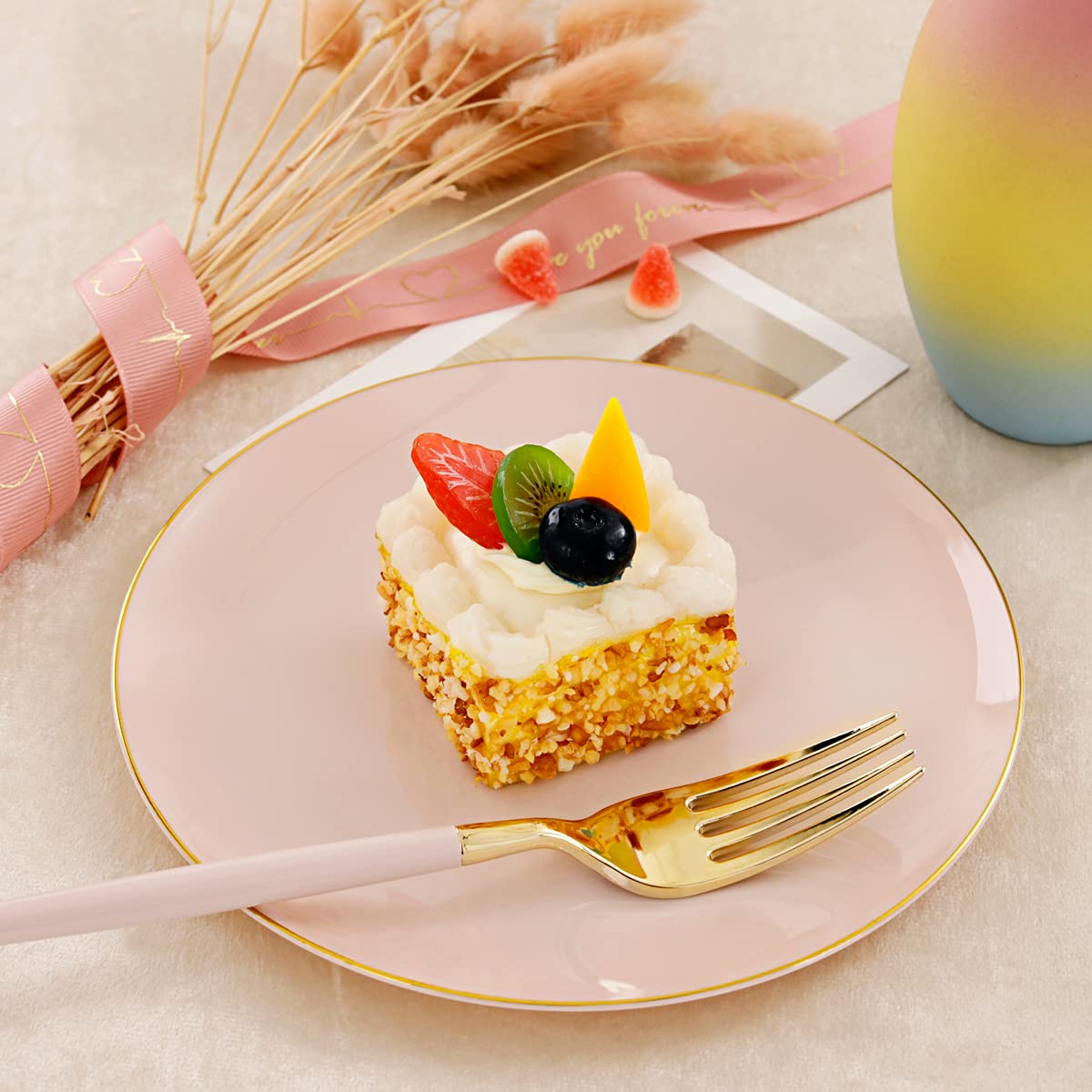I00000 72Pcs Pink Gold Plastic Dessert Plates With 72Pcs Disposable Pink Forks, Premium Pink Appetizer Plates, Fancy Pink Salad