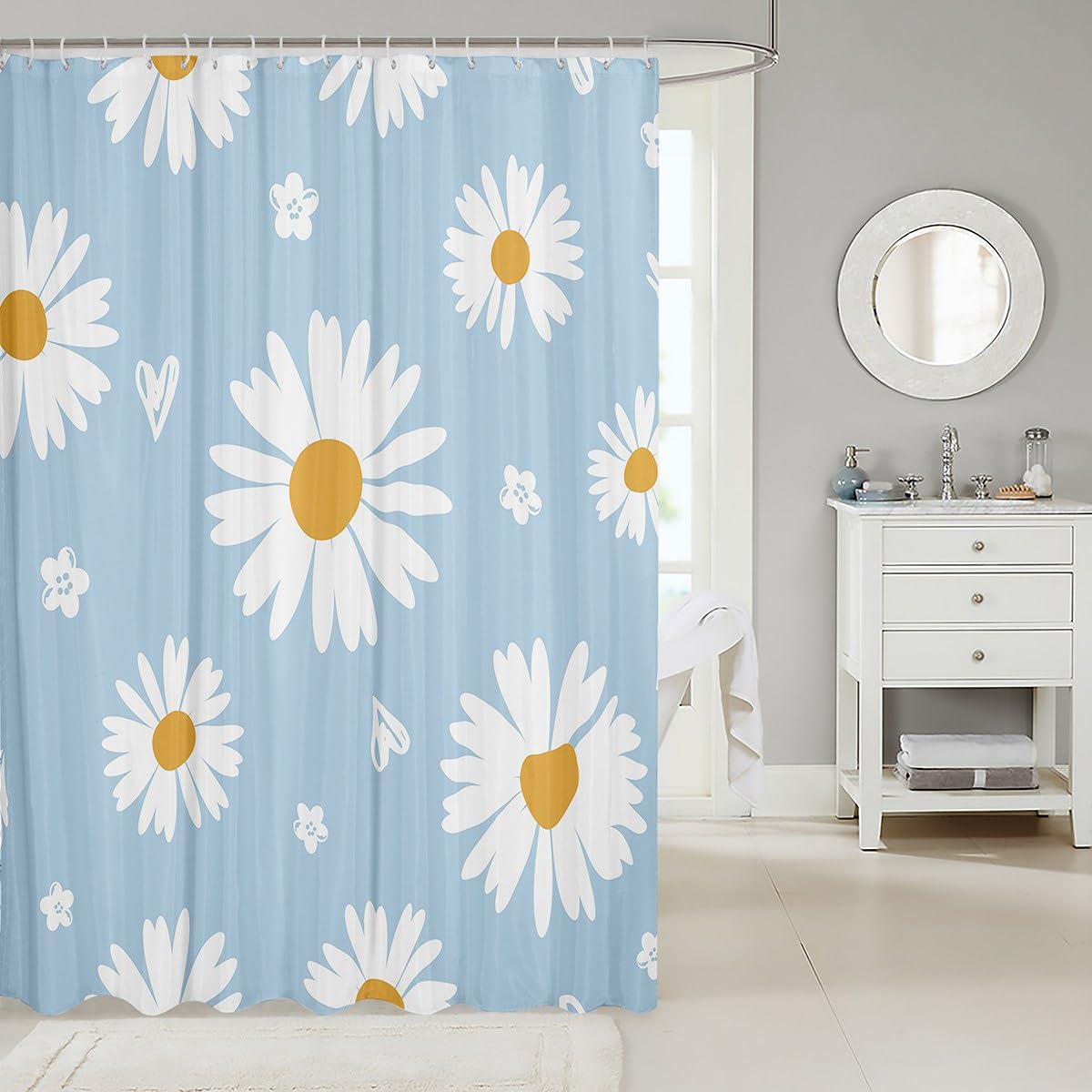 Daisy Shower Curtain White Flower Leaves Bathroom Curtain For Kids Boys Girls Women Bathtub Decor,Botanical Garden Artwork Water