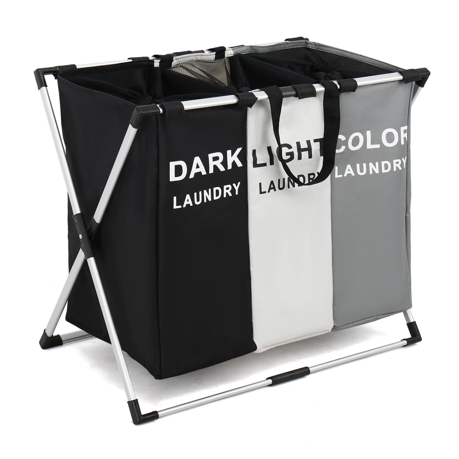 Laundry Basket Hamper 3 Section Dirty Clothes Hamper With Mesh Cover Foldable Aluminum Frame Laundry Sorter Organizer For Bathro