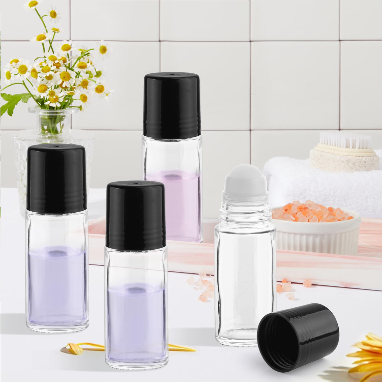 Mirrline 10 Pcs 50ml/1.7oz Roller Bottle Refillable Glass Roll On Bottles with Plastic Roller Balls & Lids for DIY Deodorant Ess