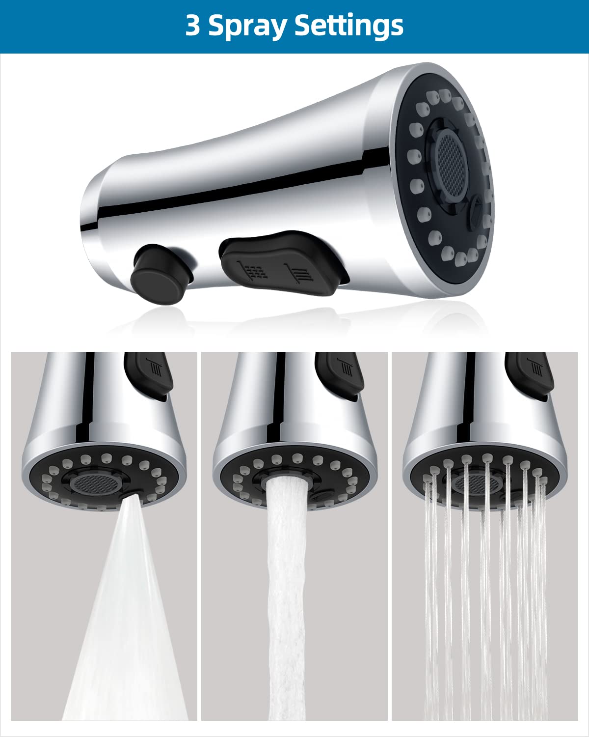 Universal Chrome Faucet Head Replacement With 15 Adapters Compatible With Moen Delta Faucet Head, 3 Function Pull Down Kitchen S