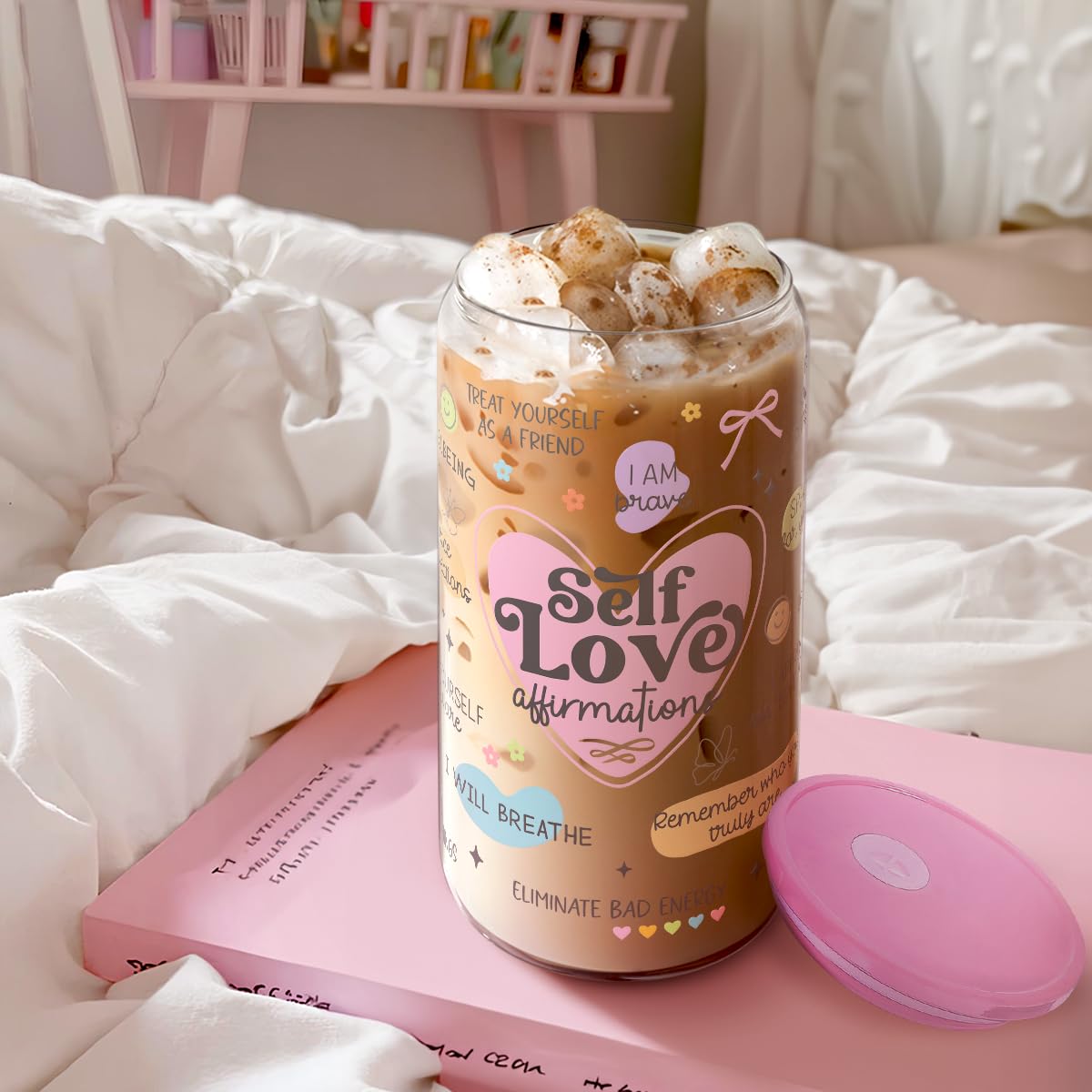 Inspiration Glass Can, Self Love Iced Coffee Aesthetic Cup, Gifts for Christmas Birthday, Gift for Women Girls, 16oz