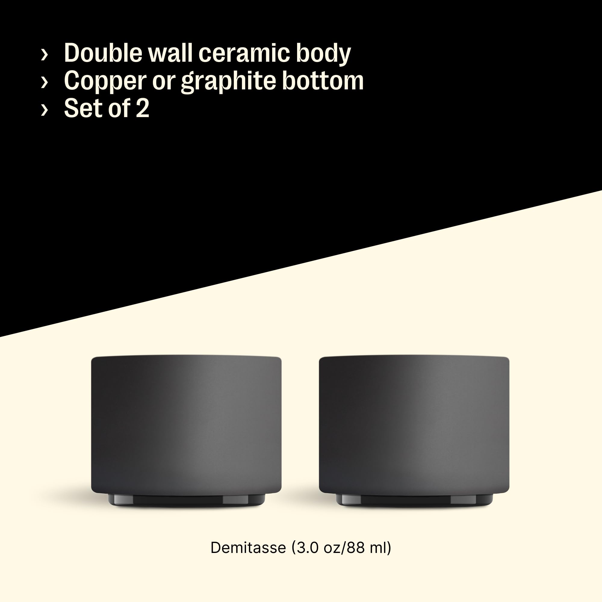 Fellow Monty Milk Art Espresso Cups - Small Double Wall Ceramic Demitasse, Matte Black With Graphite Base, 3 Oz Cup (Set Of 2)