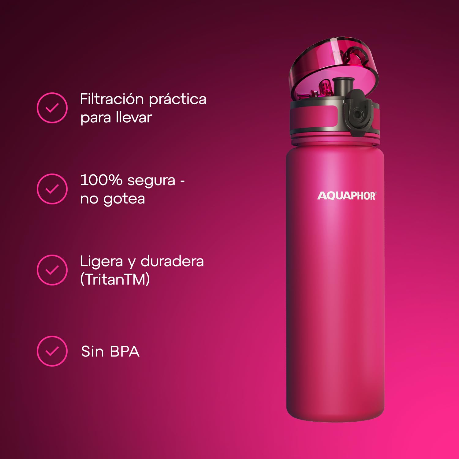 AQUAPHOR City Bottle 500ml Pink  Travel Water Bottle with Activated Carbon Filter  Filters Chlorine & Impurities  Made of Tritan & BPA-Free  Stay Hydrated On The Go!