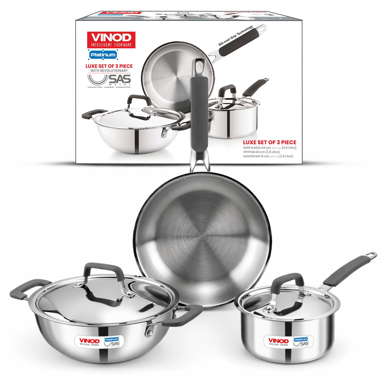 Vinod Stainless Steel Induction Friendly 3 Pcs Amalfi Cookware Set - Milk Pan (1 Ltr) 14Cm Diameter, Tope (Patila) 1.8 Ltr, Kada