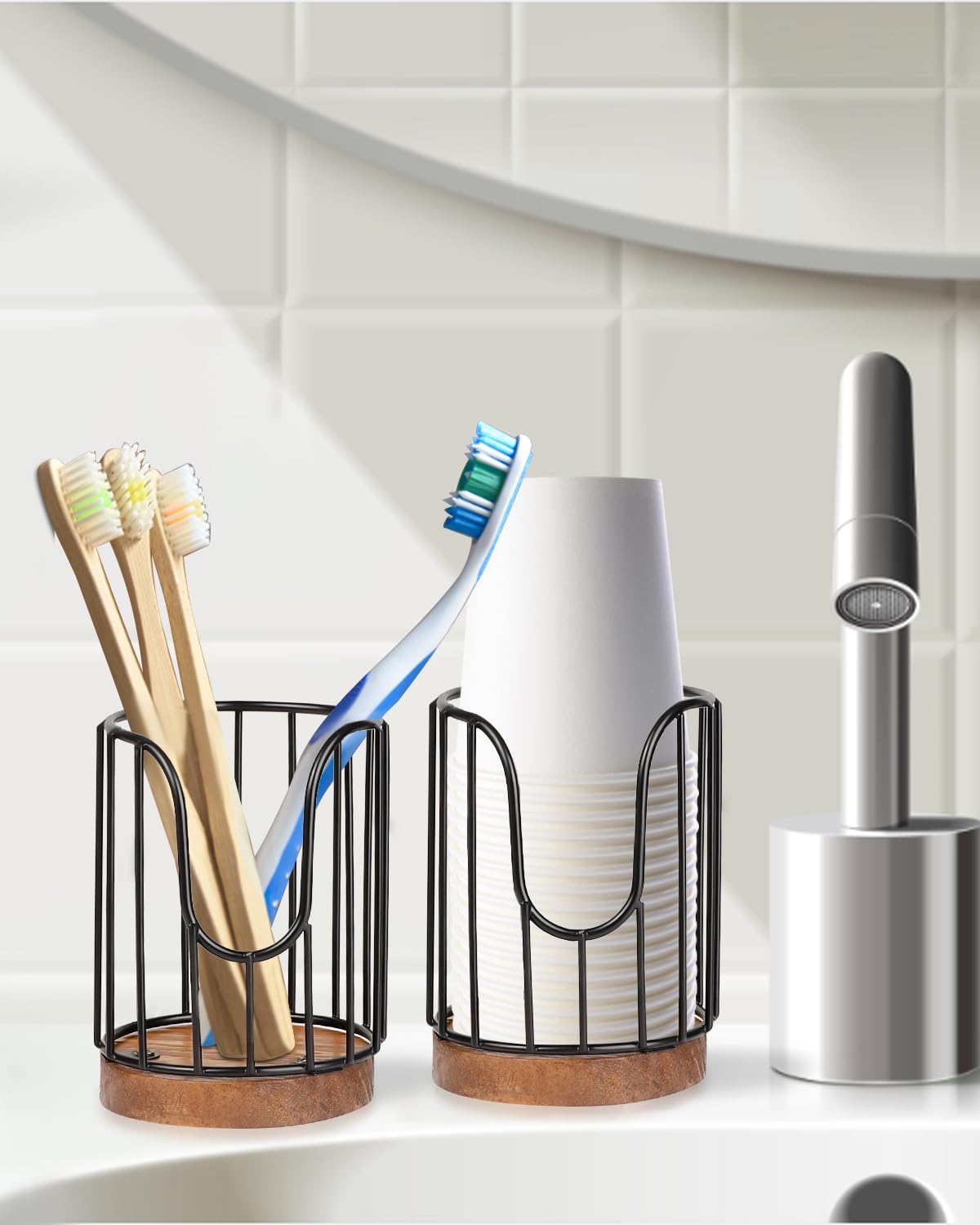 Tanggiteck 2Pcs Rural Style Bathroom Cup Dispenser, Small Disposable Paper Cup Holder, 3Oz Disposable Mouthwash Cup Storage Rack