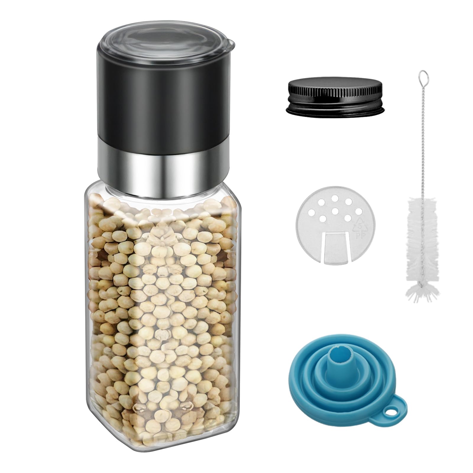 1Pc 4oz square Glass Spice Jar with Lid, 120ml Spice Jar with Salt Herb Black Pepper Grinder, Sea Salt Grinder Spice Bottle, Who