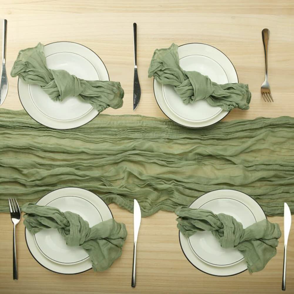 Sage Green Cheesecloth Table Runner And Napkins Set, Boho Gauze Cheese Cloth 13 Ft Table Runner With 12 Napkins, Rustic Wrinkled