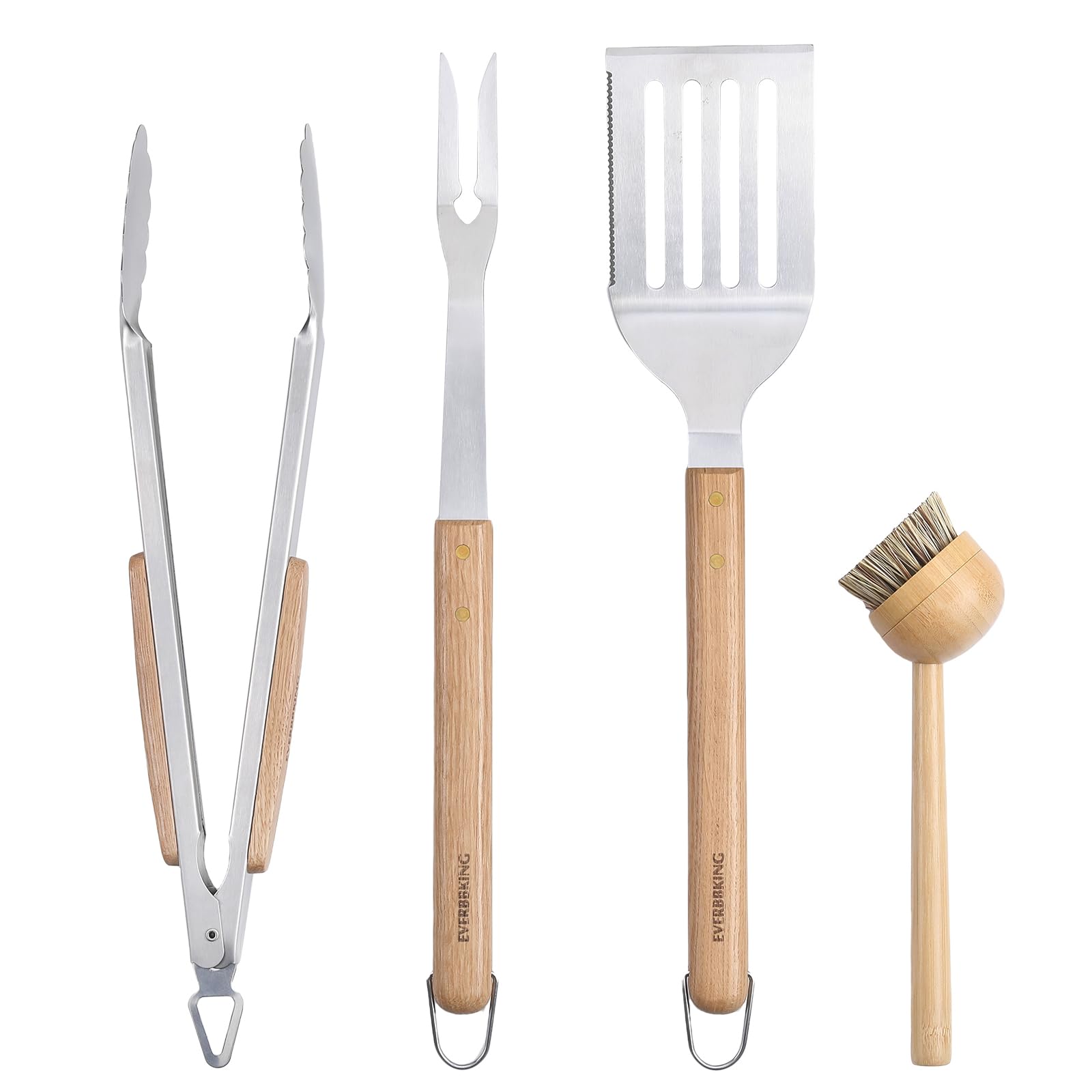 EVERBBKING 3Pc Wooden BBQ Tool Set, Heavy Duty Spatula, Fork & Tongs