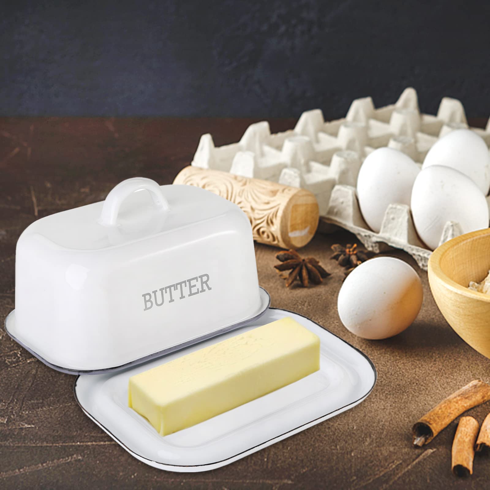 Suwimut Enamel Butter Dish With Lid, Farmhouse White Butter Dish Vintage Black Rim Enamelware Butter Container With Cover, Ename