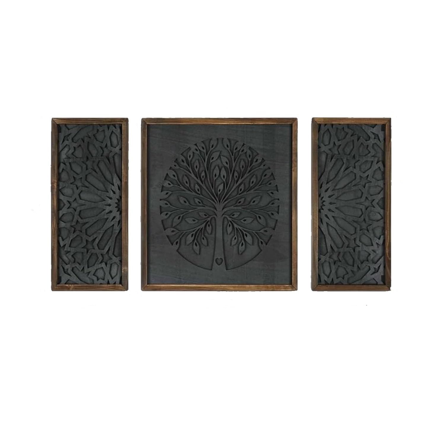 Upzing Decor Life Tree Wooden Set Of 3 Life Tree Wooden Wall Panel Set 3 Wall Hangings,Bedroom Carving Panel Aesthetic Style, Ma
