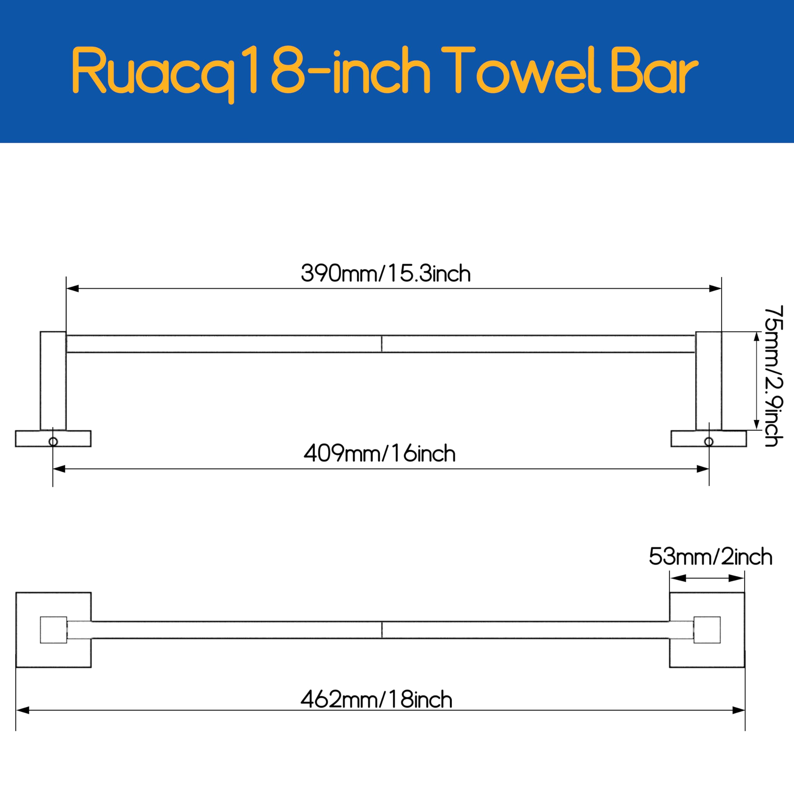 Ruacq 16 Inch Single Towel Bar Stainless Steel Square Bathroom Towel Rack Bath Towel Holders Sus304 Brushed Grey Modern Wall Mou