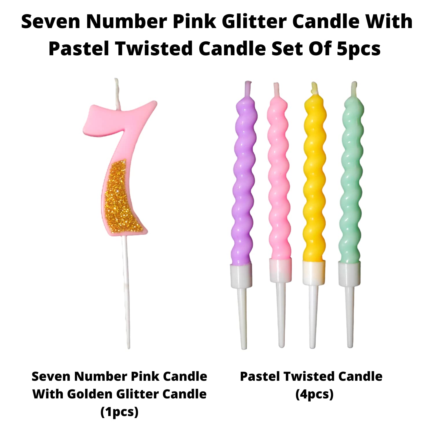 Party Decorz Number 7 Candle | Seven Number Candle | Seven Number Pink Glitter Candle with Pastel Twisted Candle Set of 5pcs for