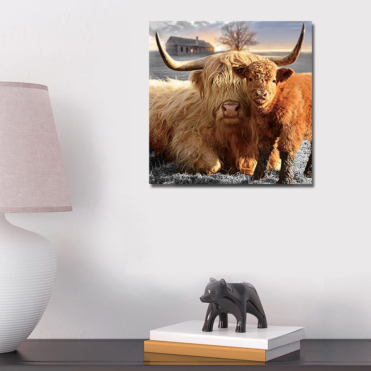 Highland Cow Canvas Wall Art Animal Print Pictures Highland Fluffy Cattle Photo Framed Farmhouse Painting 12X12 Inches For Home