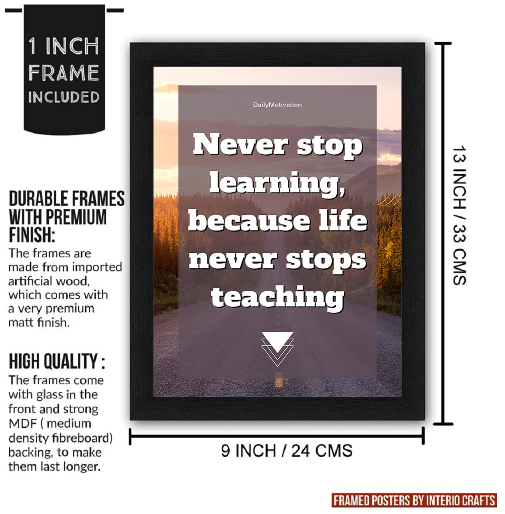 Interio Crafts Inspirational Wall Art Print, Never Stop Learning Quote, Sunset Mountain Scene, Black Frame Synthetic Wood - 13 X