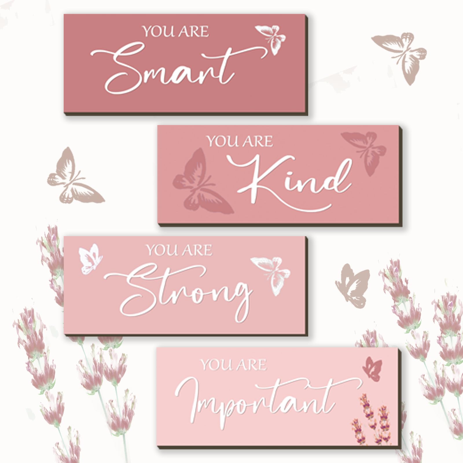 FENCORDAR 4 Pcs Butterfly Wall Decor Girls Room Decor Wooden Pink Wall Decor Positive Butterfly Wall Art Prints Inspirational Gi