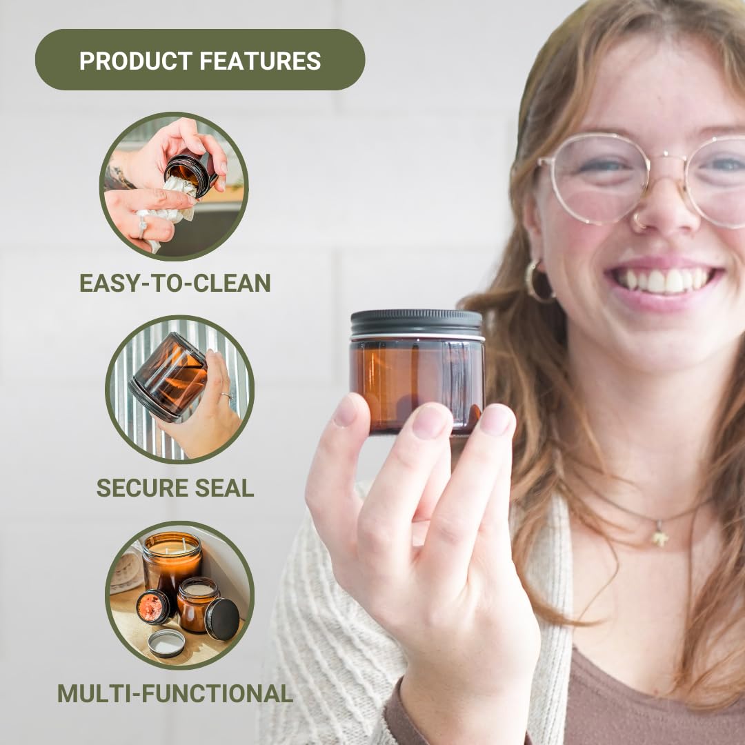 Nature Packaged Glass Amber 2Oz Jar - 12 Packs, Empty Round Jars For Beauty Products, Lotion, And Powders - Black Lid - Small Ca