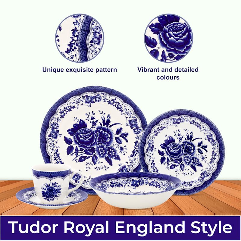 TUDOR ROYAL 30-Piece Premium Quality Round Porcelain Dinnerware Set, Service for 6 - VICTORIA BLUE Design, Blue Floral, Plates B