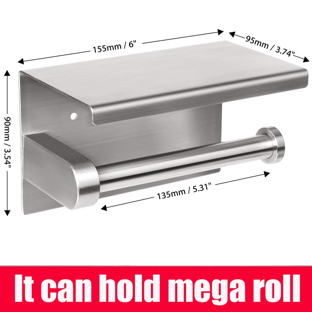 WAYDELI Toilet Paper Holder with Phone Shelf  Fit Mega Rolls  Tissue Roll Dispenser with Storage Shelf  SUS304 Stainless Steel  3M Adhesive No Drill or Wall-Mounted with Screws - Brushed Nickel