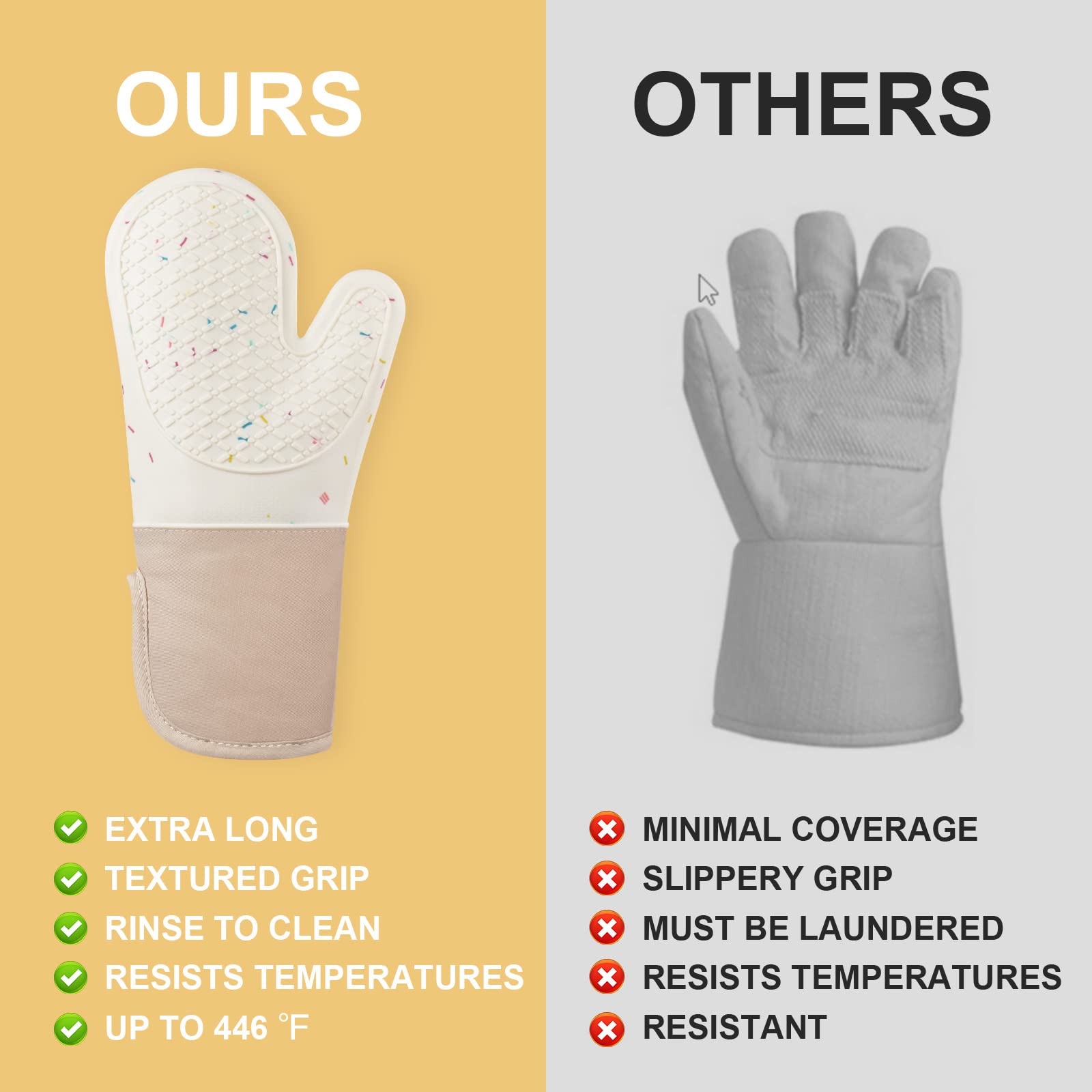 Auauy Oven Mitt, Kitchen Silicone Waterproof Oven Mitts, Heat Resistant 446? Non-Slip Silicone Oven Mittens Quilted Liner With 1