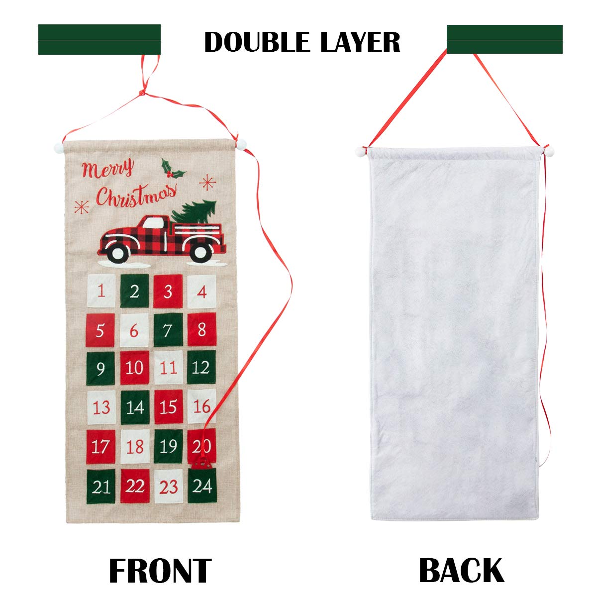 GMOEGEFT Burlap Advent Calendar 2024 Countdown to Christmas with Truck Applique Hanging Xmas Home Wall Fabric Decoration
