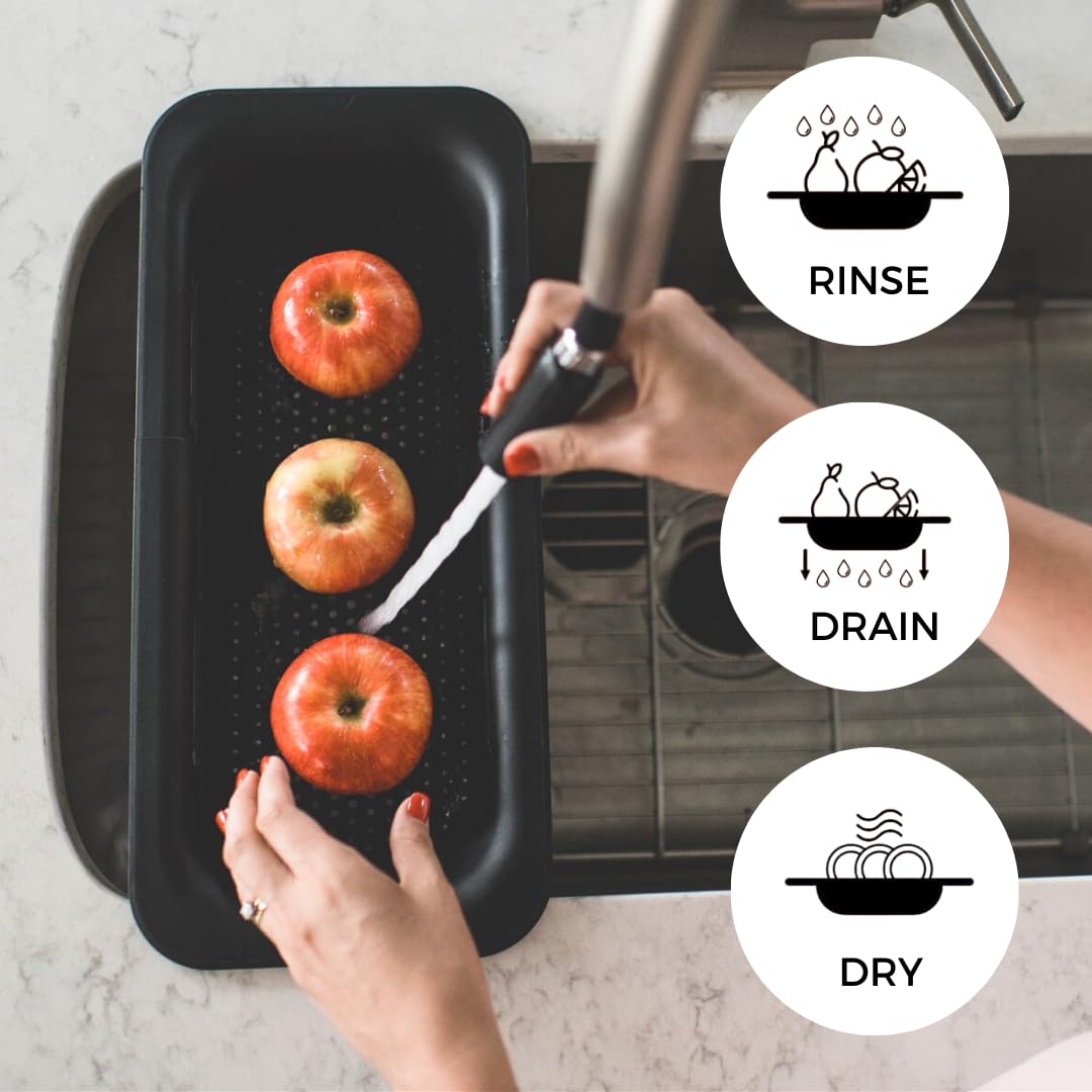 Dreamroo Collapsible Multi-Purpose Colander - Over The Sink Strainer Basket - Wash, Drain And Dry - Extendable 14.5-19.5 In - Bl