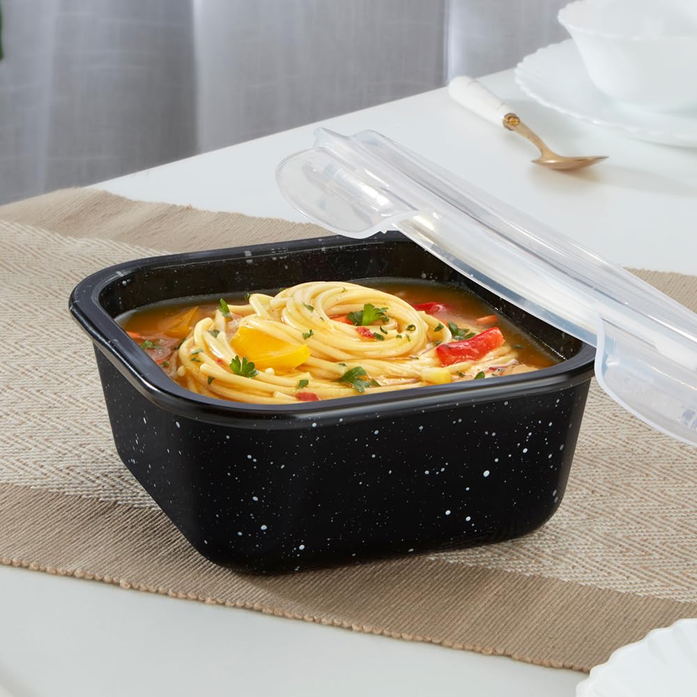 Borosil 800 Ml Pebble Black Food Storage Container With Air Tight Lid | Square Shape Borosilicate Glass Organiser | Microwave & 