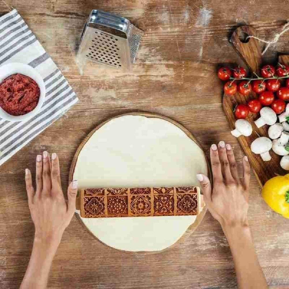 Rhiney Wooden Rolling Pin for Baking - 15"x2" Deep Engraved Embossing Tool for Cookies, Kitchen Decor, Model RL01