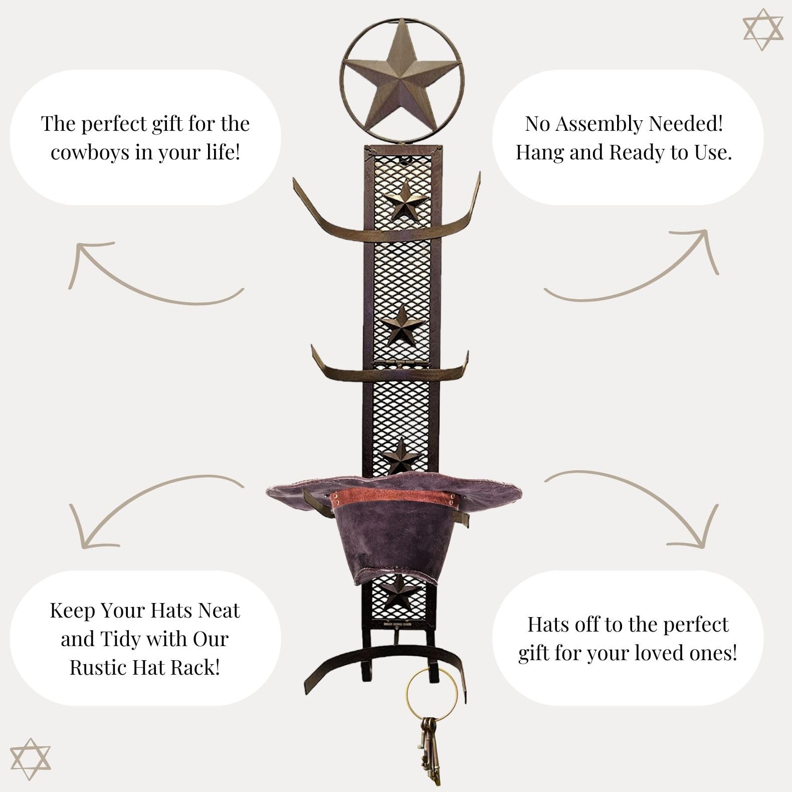 Bestgiftever Metal Star 4 Cowboy Hat Rack Fold-Up Wall Hanging Decoration Rustic Western Style - Rustic Metal Cowboy Hat Display