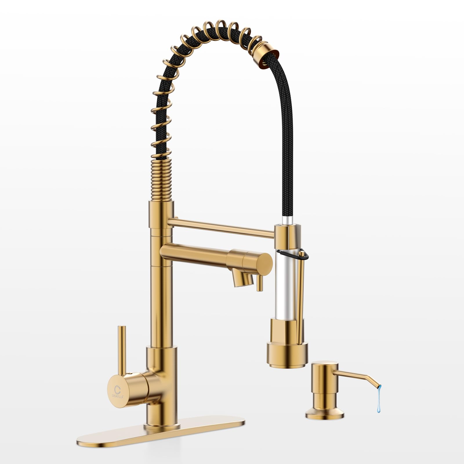 Casavilla Kitchen Faucet with Soap Dispenser, Brushed Gold Kitchen Faucet, Kitchen Faucets with Pull Down Sprayer and Deck Plate