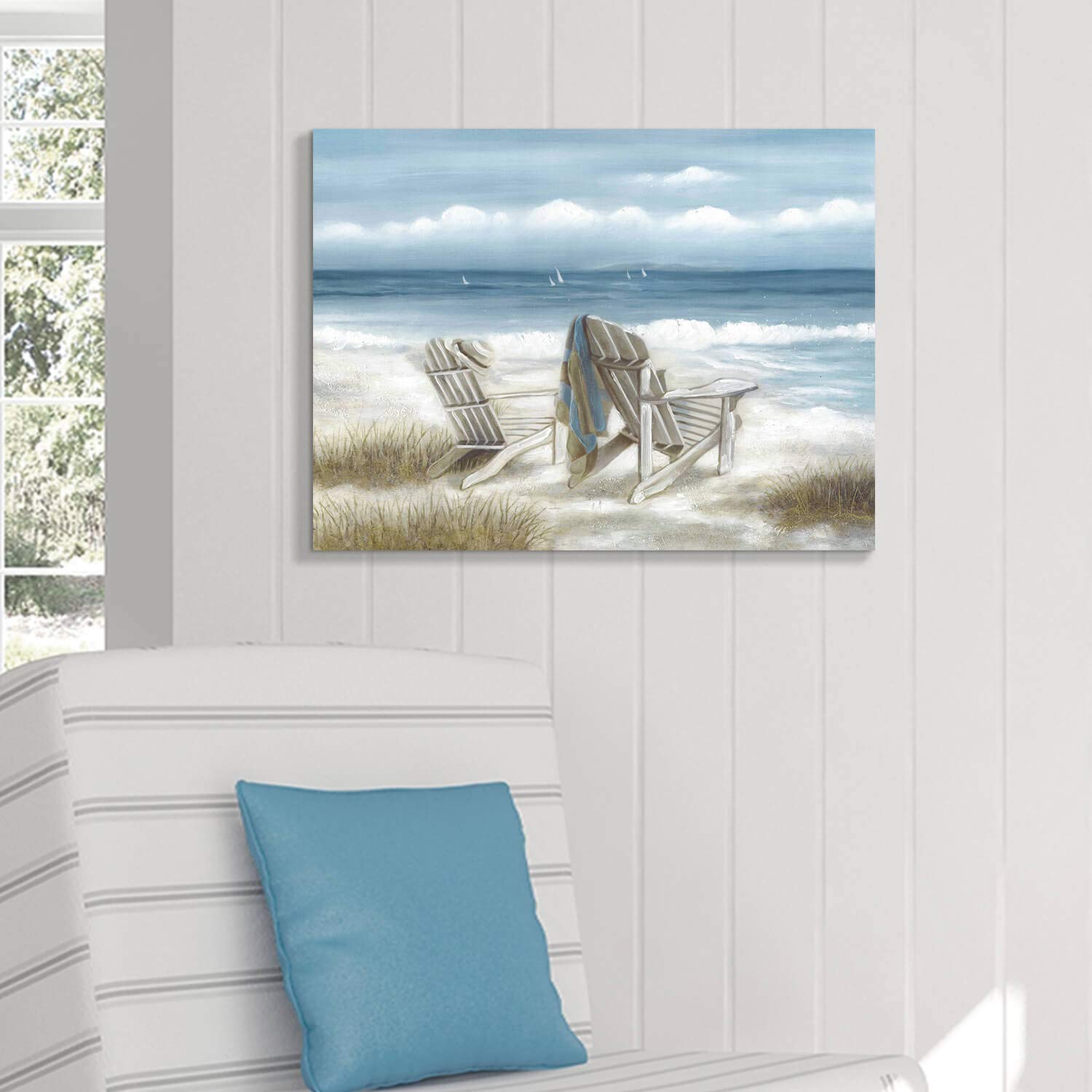 Tar Tar Studio Abstract Seascape Canvas Wall Art: Beach Chair On Sand Painting Print For Bedroom (24'' W X 18'' H, Multiple Size