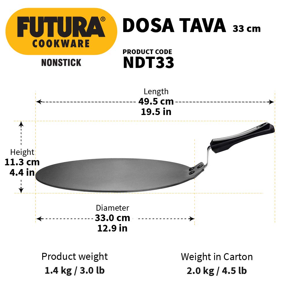 Hawkins Futura Nonstick Dosa Tava, Diameter 33 Cm (13 Inch), Thickness 4.88 Mm (Black) Ndt33