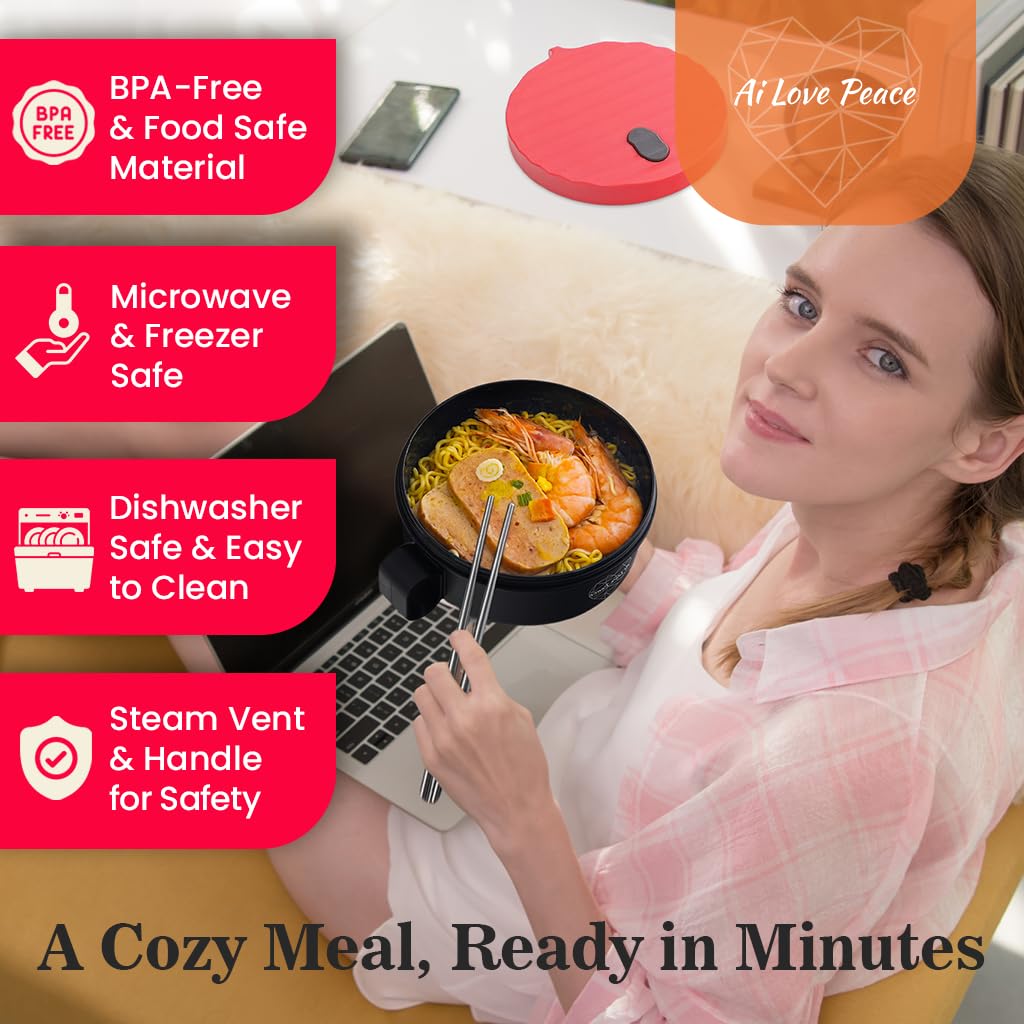 AI LOVE PEACE Ramen Bowls, 40 oz Large Microwavable Noodle Bowls (2 Red) with Wooden Utensils, Chopsticks, and Utensil Bag, Port