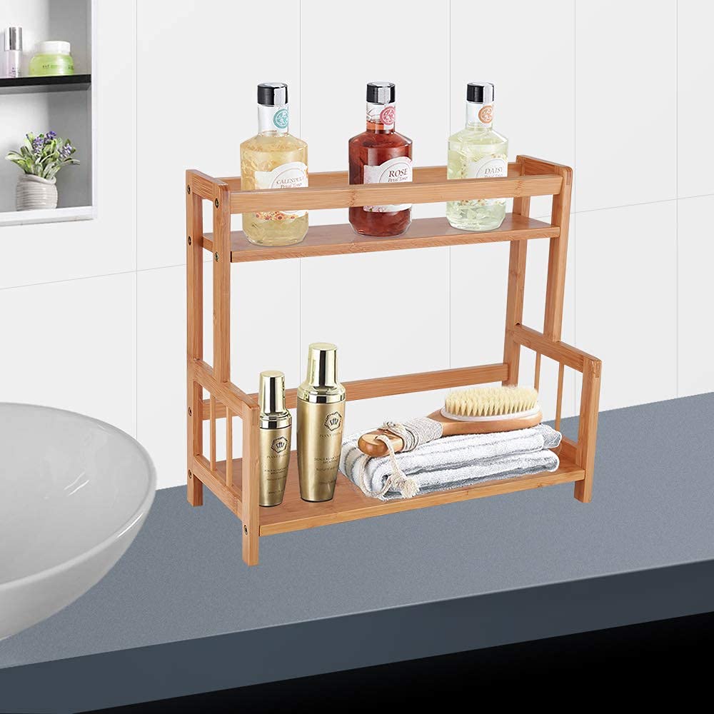 Ufine 2 Tier Bamboo Spice Rack Organizer Kitchen Countertop Storage Shelf Free Standing Holder Under Cabinet Bathroom for Variou