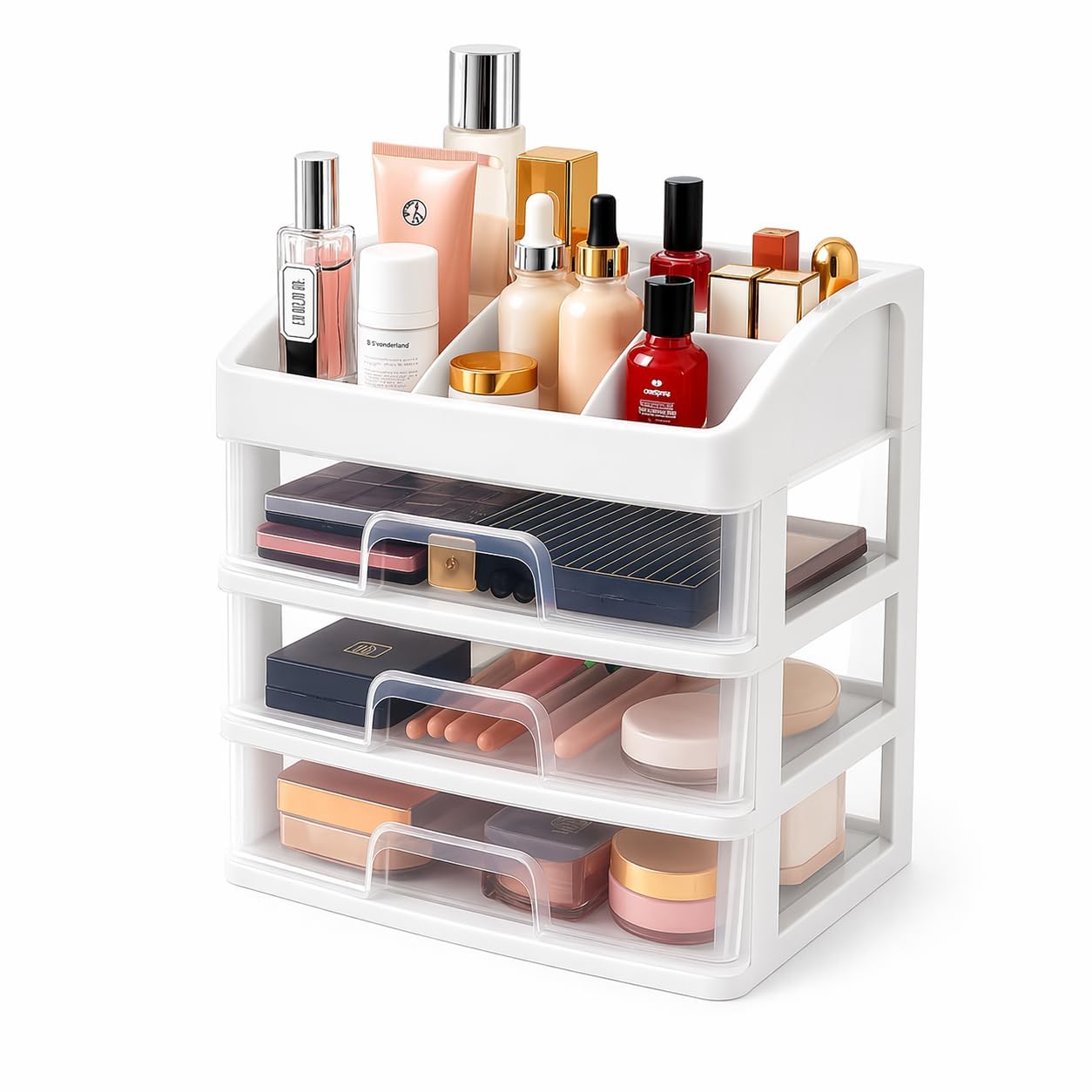 Zeinwap Makeup Organiser With 3 Drawers, White, SpaceSaving Vertical Cosmetic Storage Box For Dressing Table, MultiCompartment