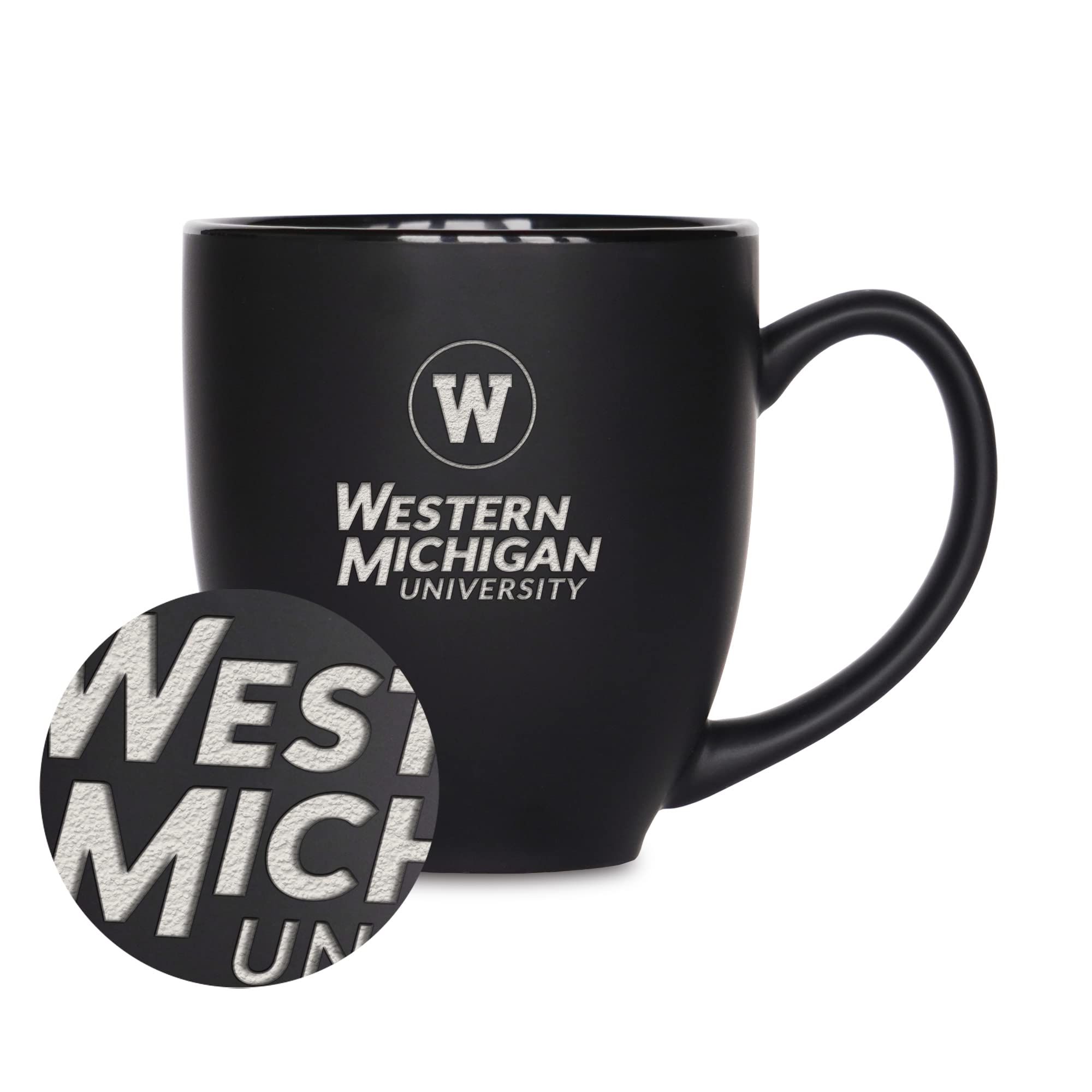 Rico Industries NCAA Western Michigan Broncos Main 15oz Laser Engraved Matte Black Ceramic Bistro Mug - For Hot or Cold Drinks