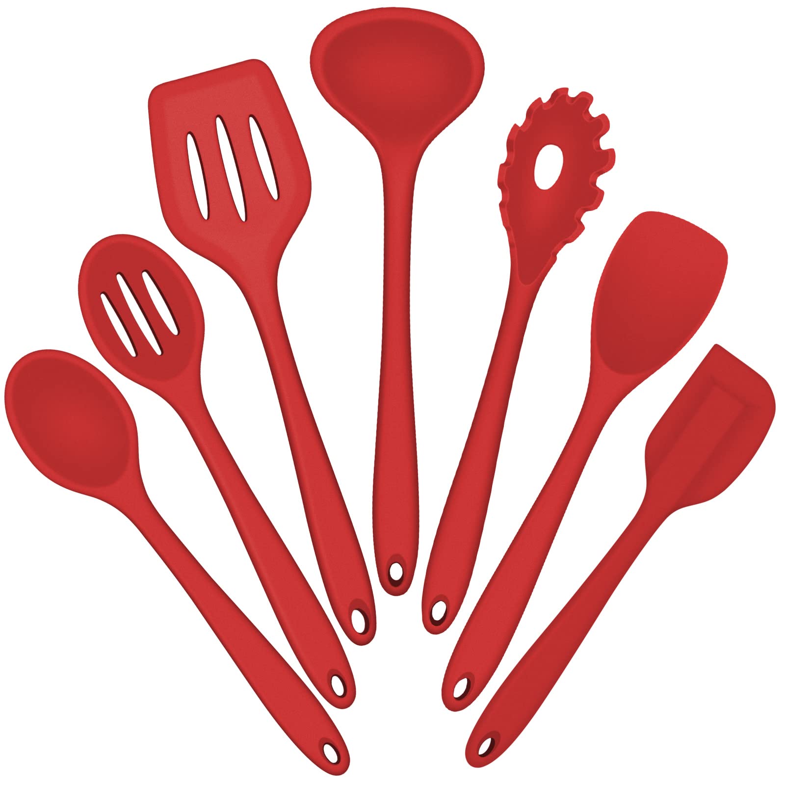 Silicone Cooking Utensils Set, E-far 7-Piece Red Heat Resistant Kitchen Utensils Set, Kitchen Nonstick Tools Spatula Ladle Spoon