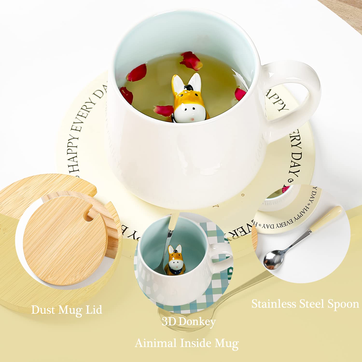 BigNoseDeer Cute Ceramic Donkey Coffee Mug Funny Mug with 3D Animal Inside Kawaii Tea Cup with Spoon and Lid Cool Stuff Christma
