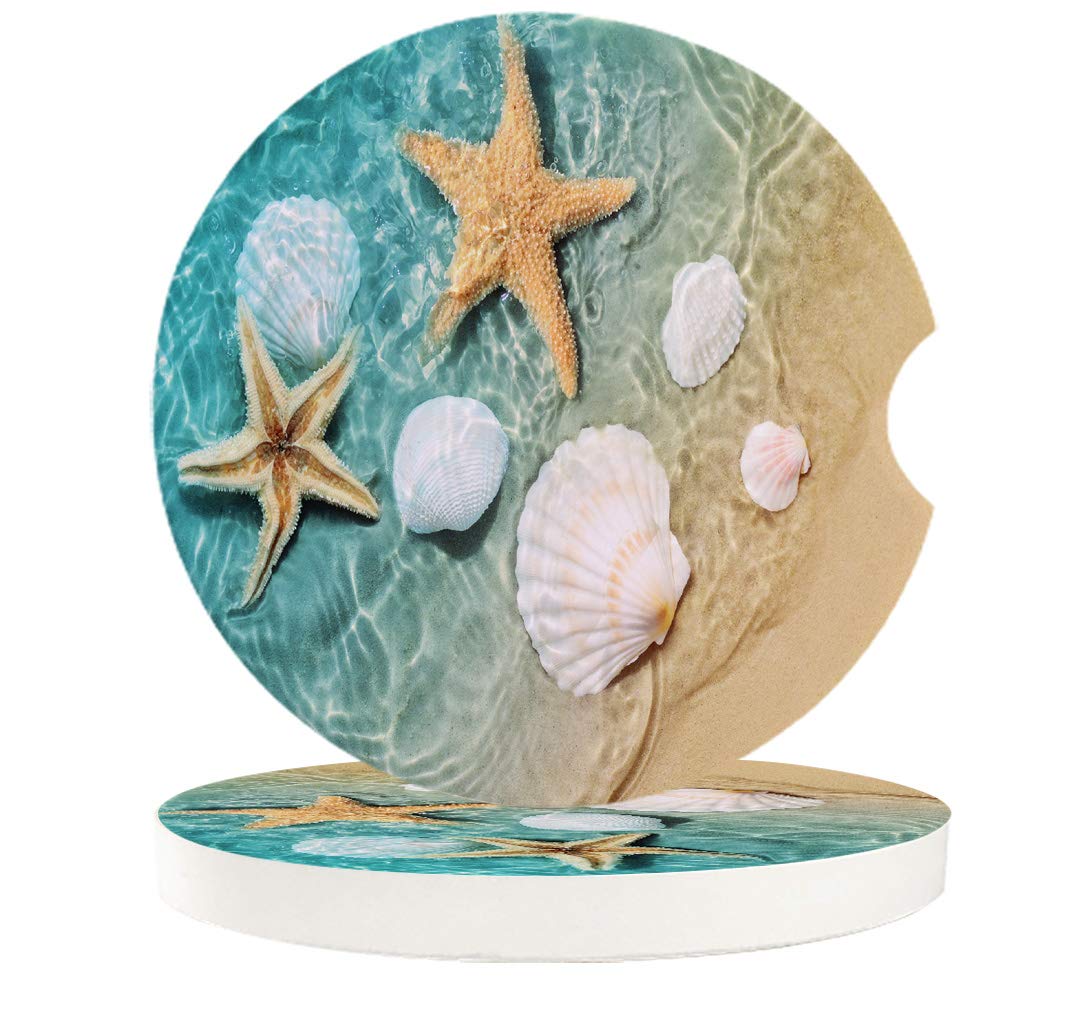Absorbent Car Coasters For Cup Holders Fresh Beach Sand Starfish Shell, Small 2.56Inch Ceramic Stone Drink Coaster For Women Men