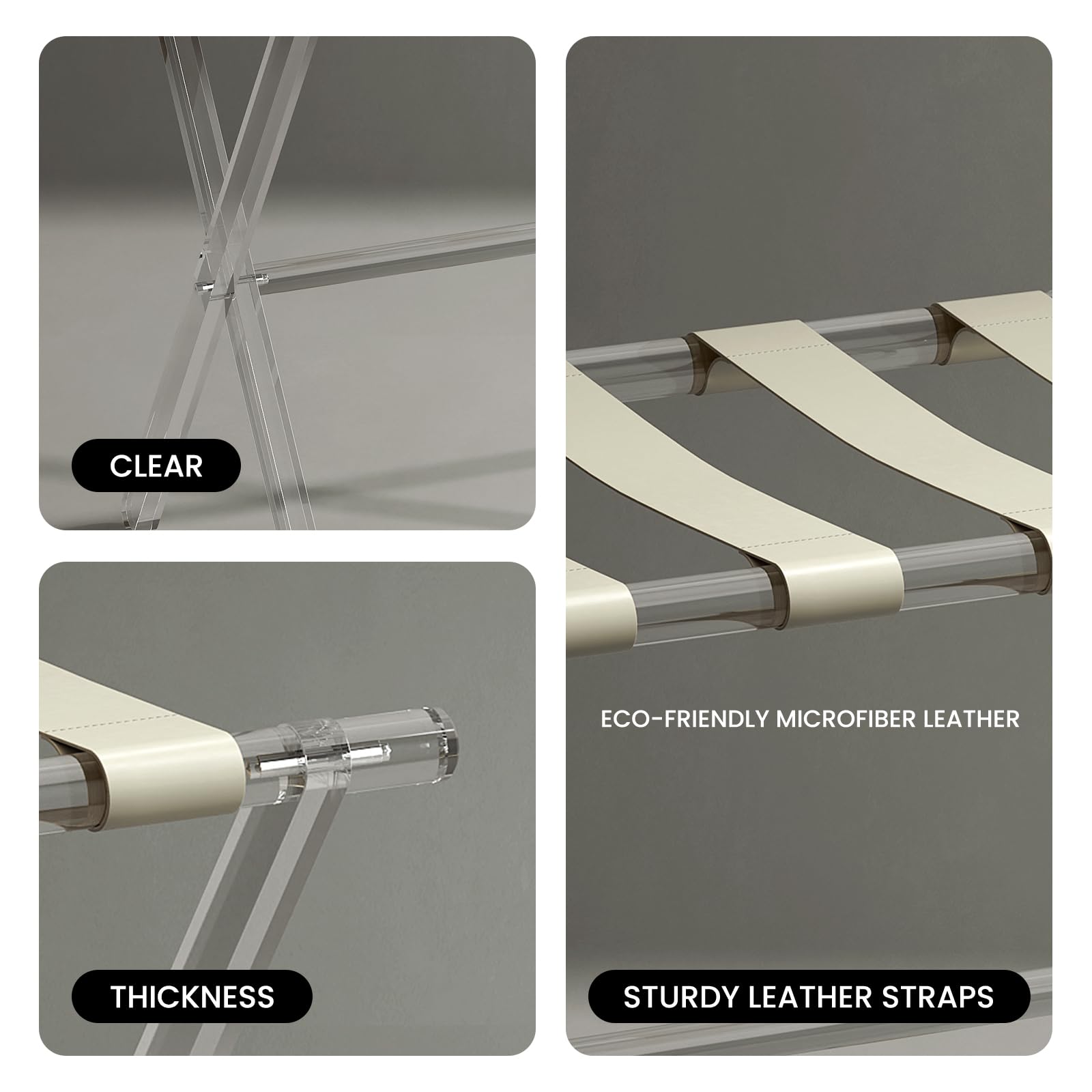 Sumerflos Acrylic Luggage Rack With Beige Leather Straps For Guest Room - 2 Pack Foldable Clear Fancy Suitcase Stand With Handle