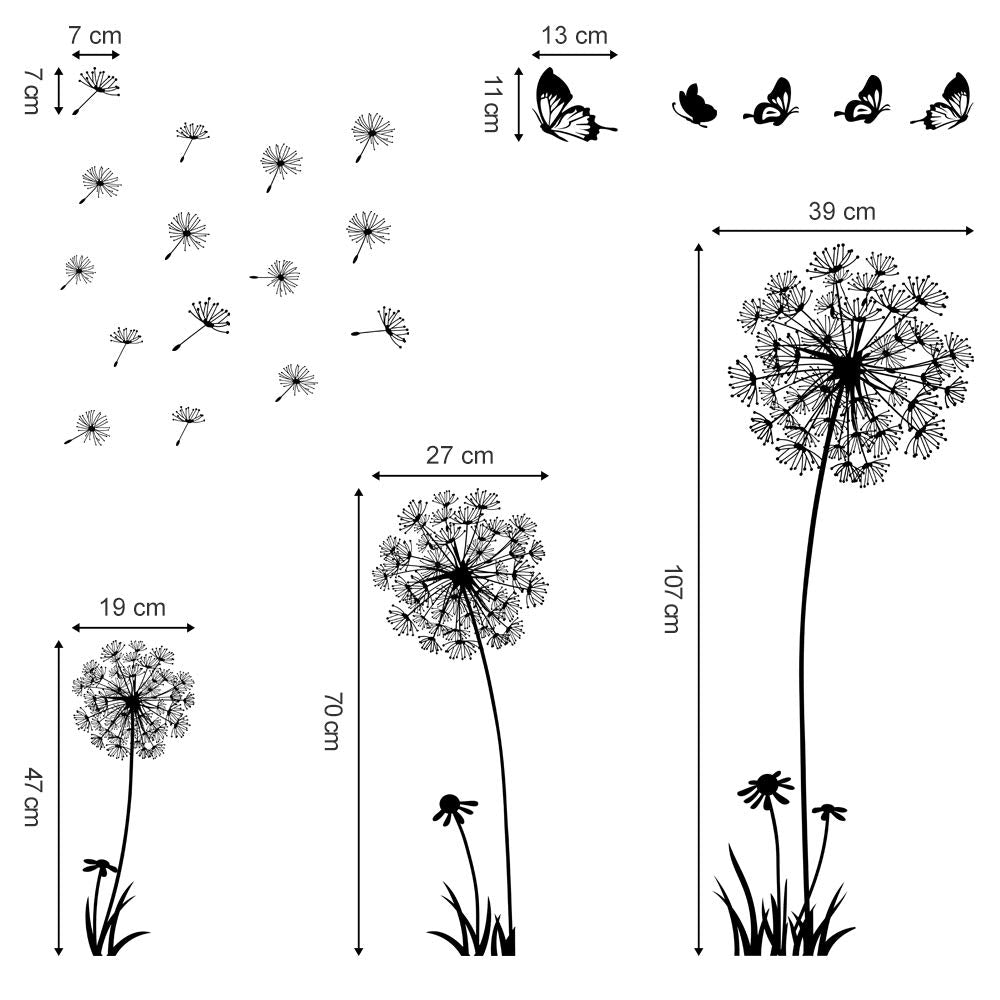 Decalmile Dandelion Wall Decals Flying Flowers Butterflies Wall Stickers Dandelion Wall Art Living Room Bedroom Decor (Black)