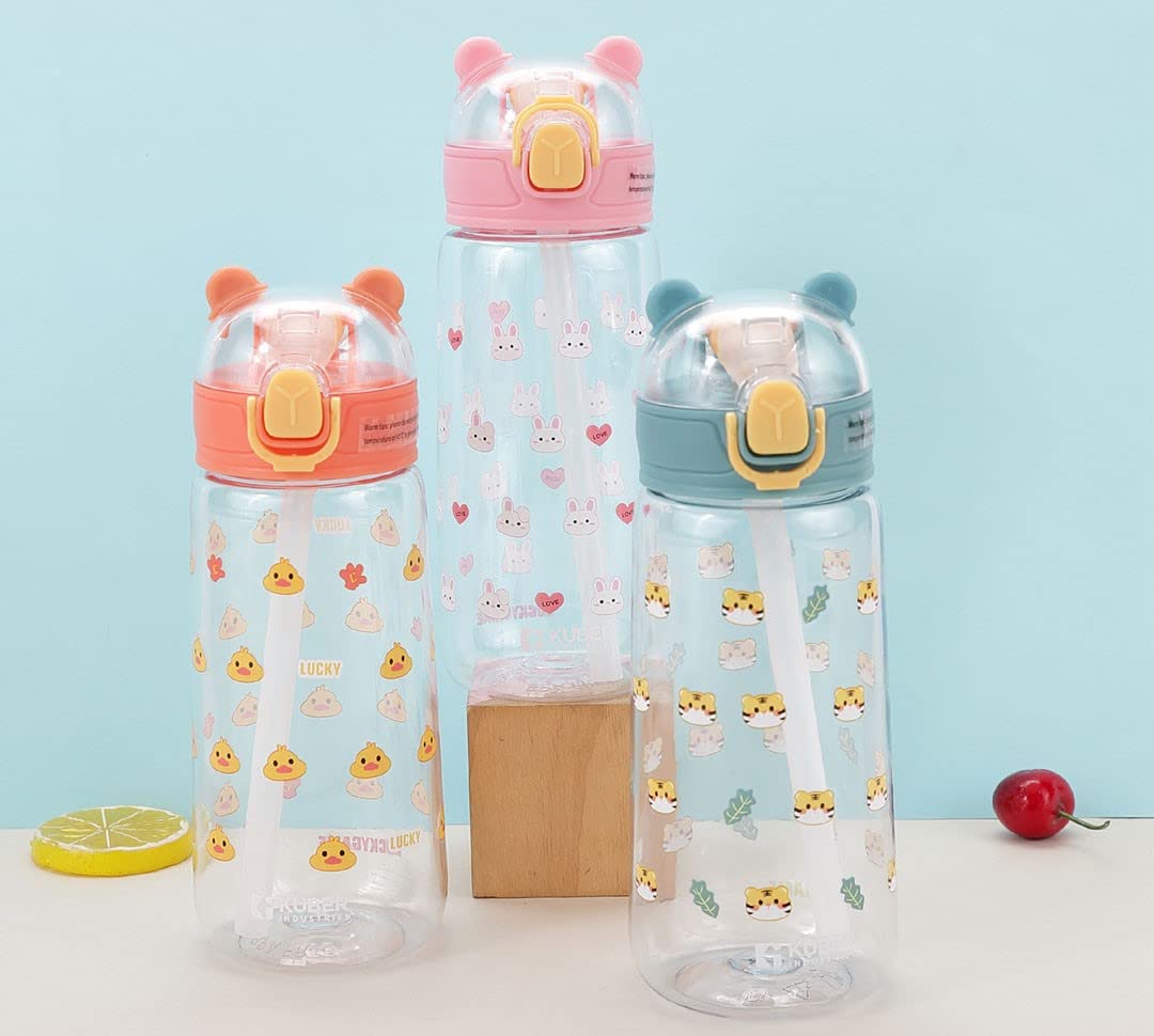 Kuber Industries Kuber Sipper Bottle With Straw For Kids|Teddy Tumbler Sipper Cup|Cute Water Bottle With Lid|Food Grade Plastic|