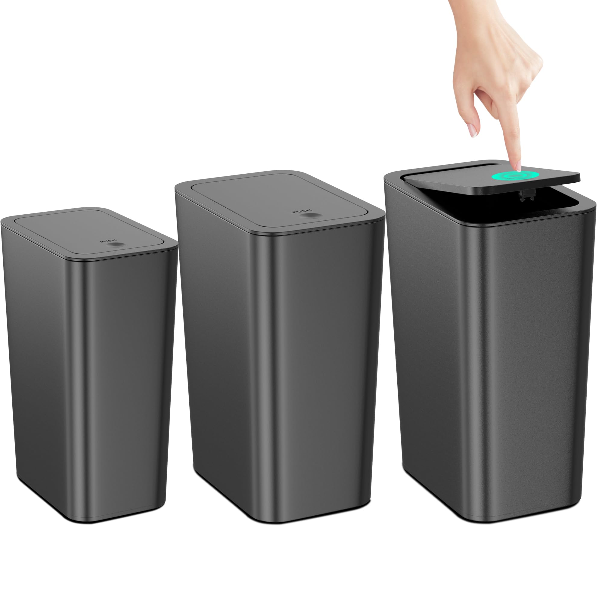 N. Netdot Bathroom Trash Can With Lid 3 Pack Set, 2 Packs 3.4 Gal 13L Slim Kitchen Trash Can And 1 Pack 2.6Gal 10L Garbage Can,