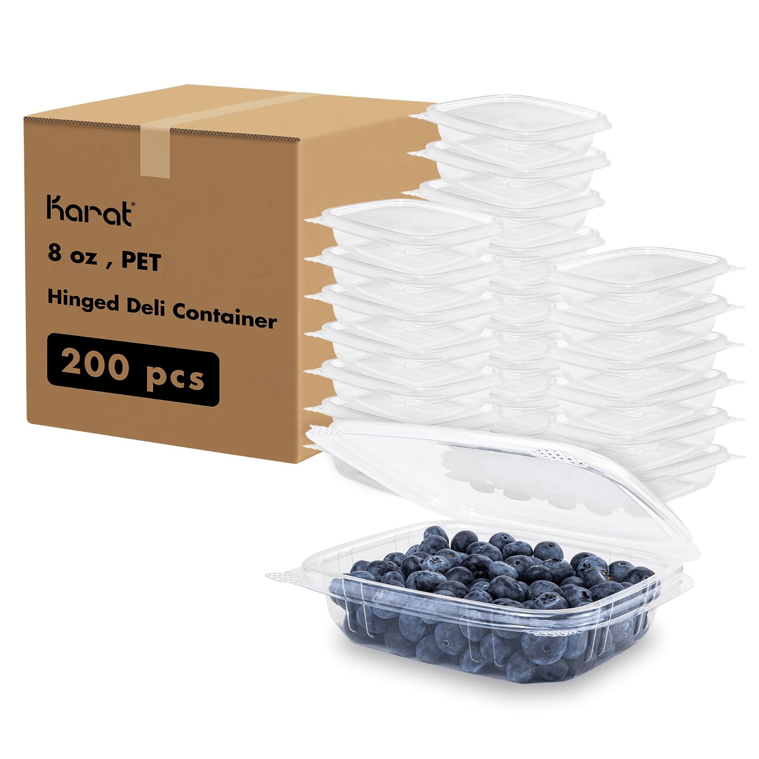 Karat [8oz -200 ct Small Clamshell Containers with Lids, For Berries, Fruits, Nuts, and Home Meal Prep - Clear Plastic Food Cont
