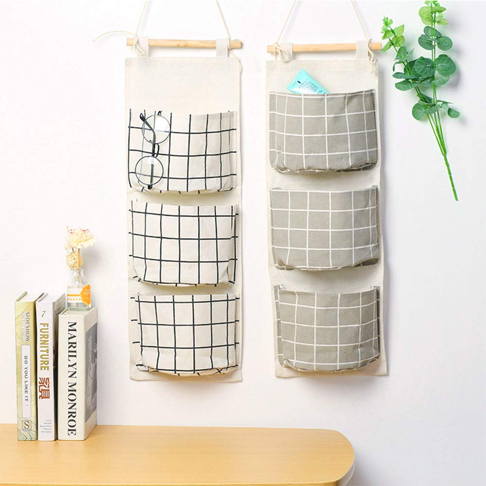Auhoky 3Pcs Wall Closet Hanging Storage Bag, Premium Linen Fabric Over The Door Organizer, Hanging Storage Pouches With 3 Pocket