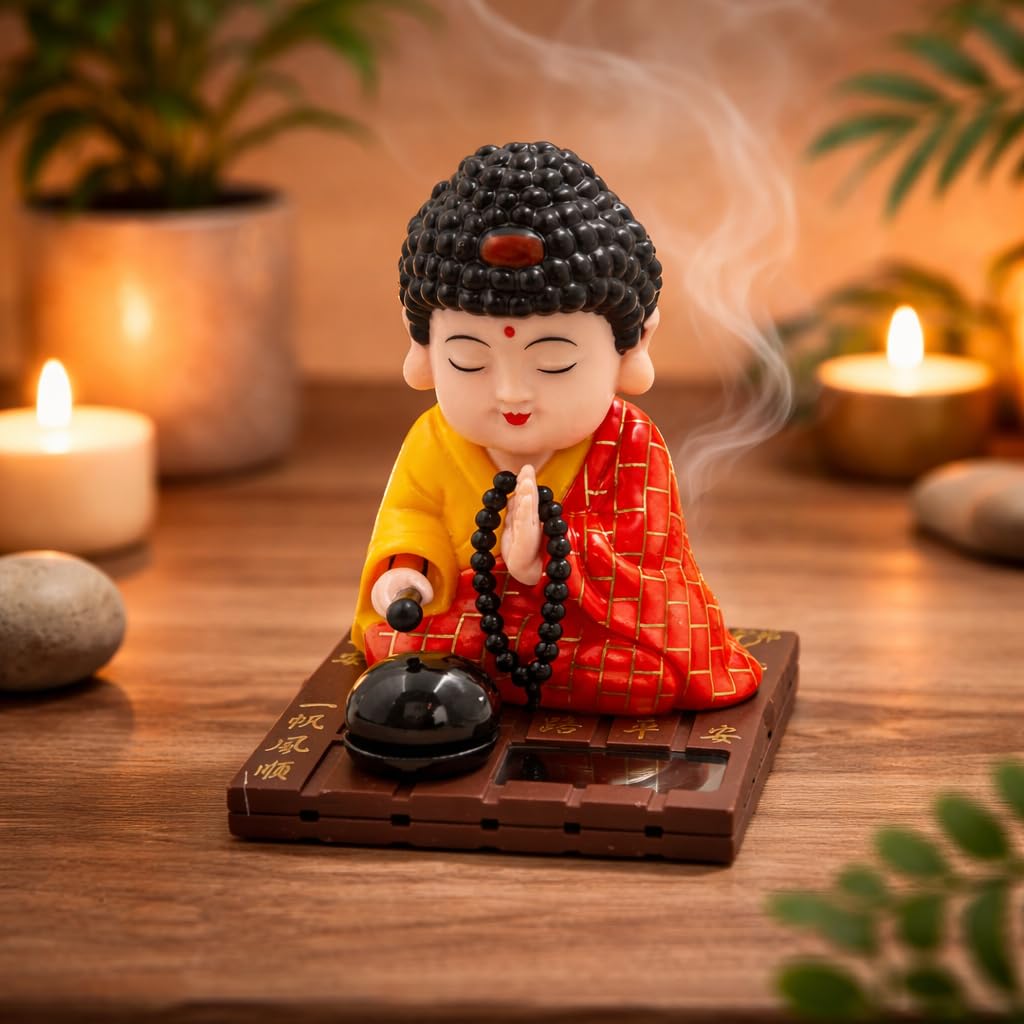 Craftvatika Buddha Solar Powered Moving Head And Hand Sitting Buddha Feng Shui Items For Good Luck, For Money, Home Dcor Items, 