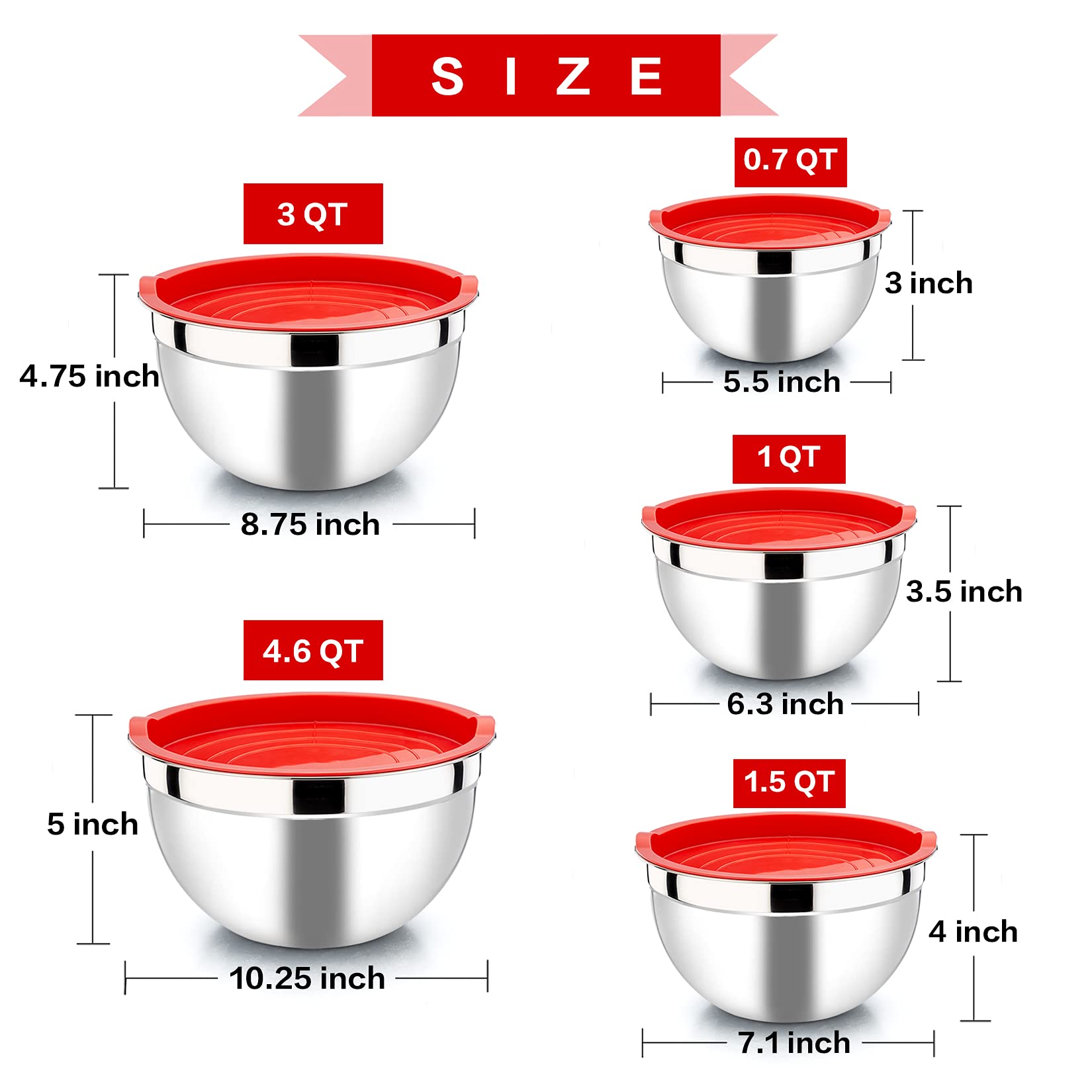 P&P Chef Mixing Bowls With Red Lids Set, Stainless Steel Mix Nested Bowl For Salad Fruits Egg Cream Mixing, Size 4.6, 3, 1.5, 1,