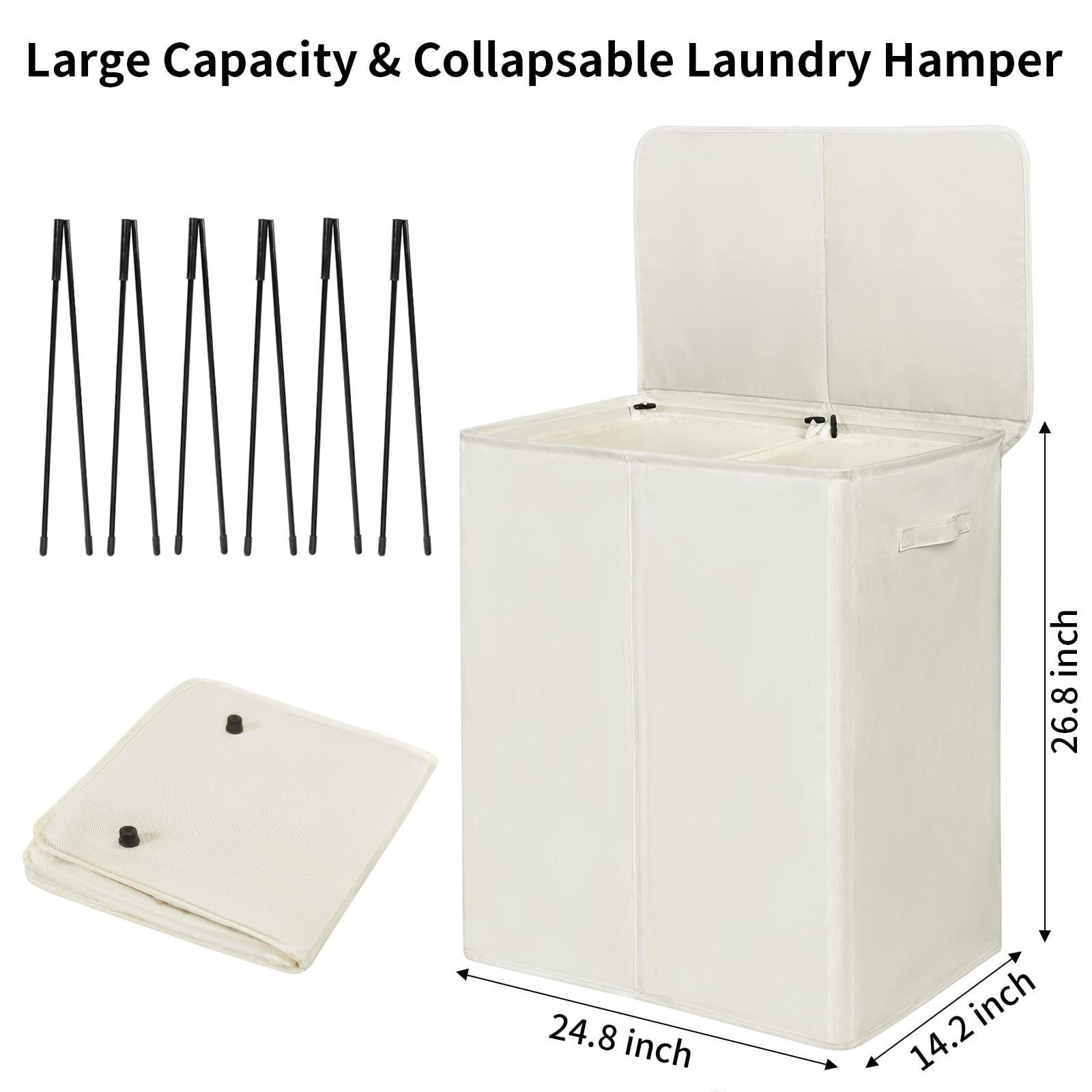 Wowlive 154L Double Laundry Hamper With Lid And Removable Laundry Bags, Large Dirty Clothes Hamper 2 Section Collapsible Laundry