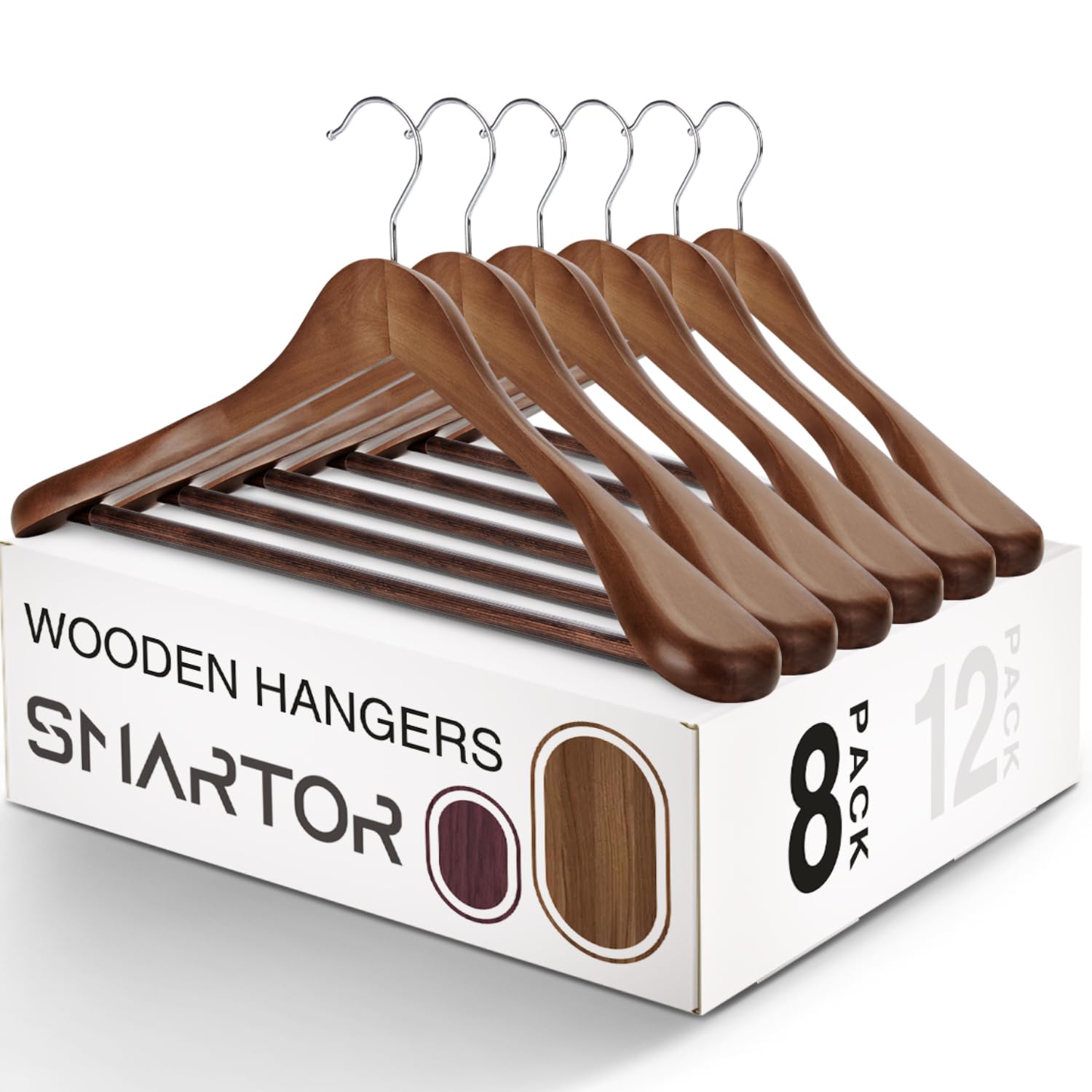 Smartor Suit Hangers For Men, 8 Pack - Wide Shoulder Wooden Suit Hangers With Non Slip Pants Holder, Wide Hangers For Suit, Coat